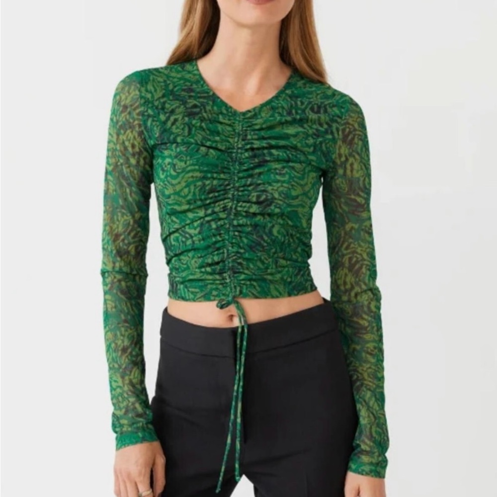 & Other Stories Green Ruched Mesh Top